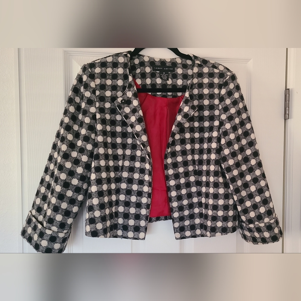 Larry Levine size 10 cropped black cream grey red lined jacket